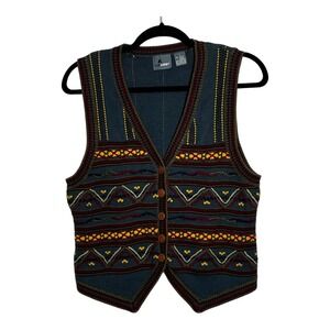 Lizwear Womens Vintage Southwestern‎ Cotton Knit Sweater Vest Teal Geometric S